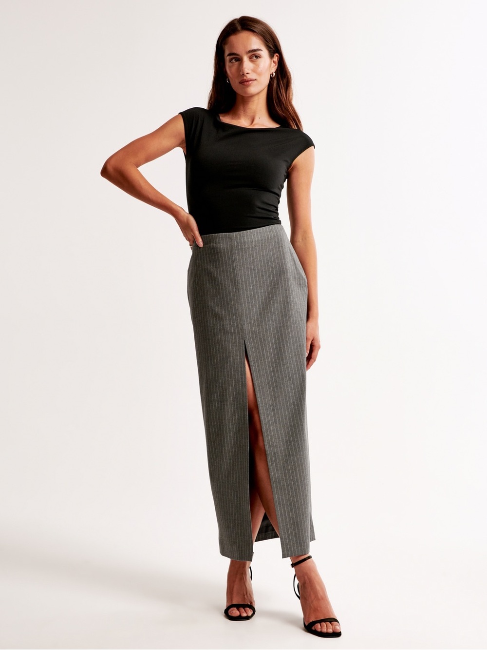 Abercrombie & Fitch Gray Pinstripe Front-Slit Maxi Skirt